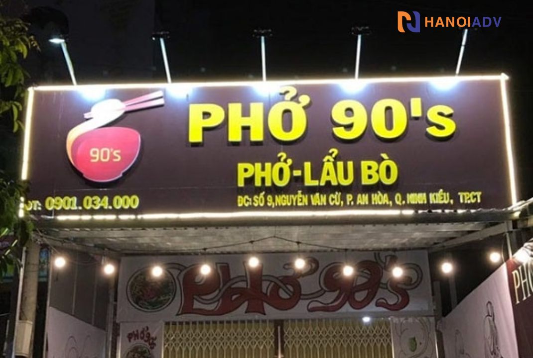 Chất alu bóng+ chữ nổi có đèn led gây thu hút vào ban đêm